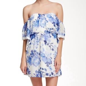 Socialite floral white blue off the shoulder sweetheart mini dress, size S boho